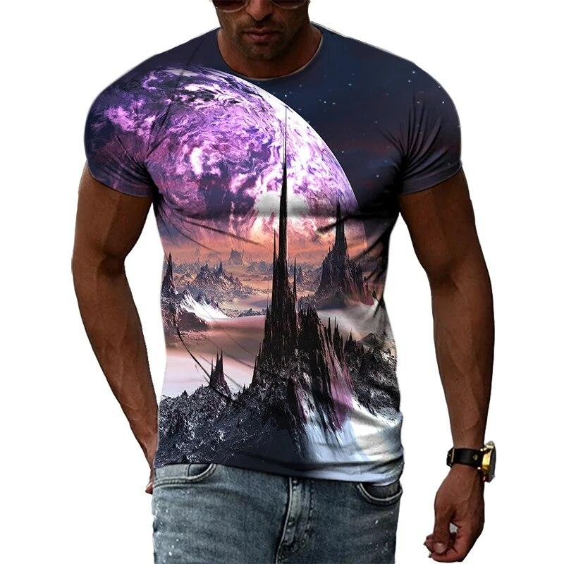 Fashion New Creative Cosmic Planet Graphic T Shirts Summer Men Casual Science Fiction Pattern Printed O-neck Short Sleeve Tops