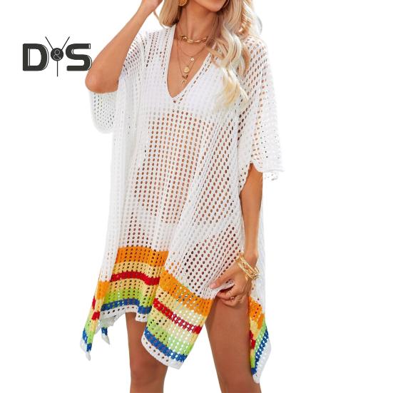 Women Bikini Cover Up V-Neck Drop-shoulder Sleeves Hollow Beachwear Dress Side Split Color Block Crochet Swimsuit Cover-ups