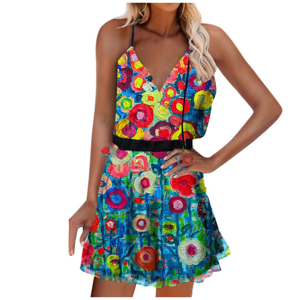 Women Casual Print V-Neck Sleeveless Sling Dress