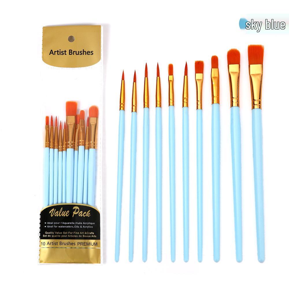 10-Piece Nylon Paintbrush Set with Plastic Handles for Oil, Watercolor, and Gouache Painting