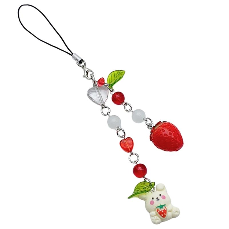 Stylish Phone Chain Strawberry Rabbit Charm Keyring Pendant Beaded Keychain