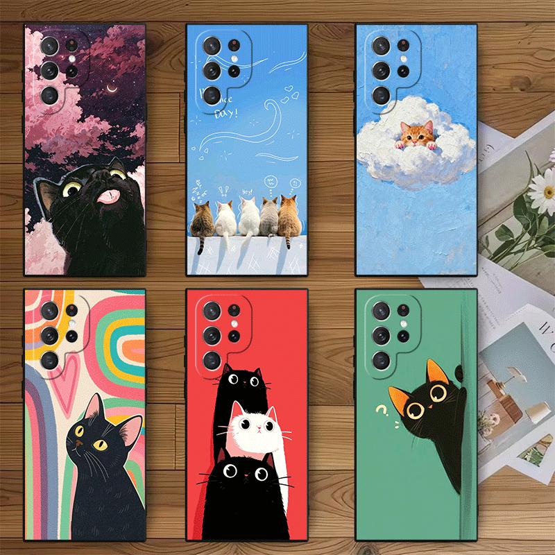 Cat Cute Kitten Cartoon Soft Phone Case for Samsung Galaxy S26 S25 Edge S24 Ultra S23 Plus S22 S21 FE S20 Black Cover Back Shell