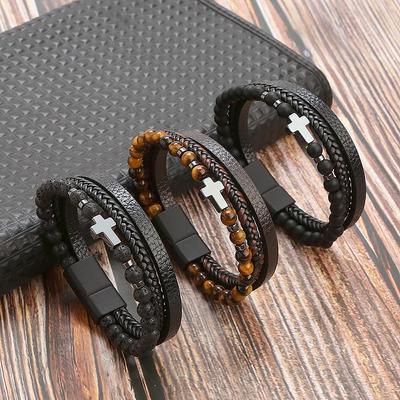 Classic Cross Leather Bracelet for Mens Alloy Buckle Multilayer Tiger Eye Bead Leather Bracelet High Quality Jewelry Gift