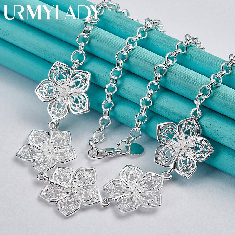 925 Sterling Silver Flower 20 Inch Pendant Necklace Fashion Charm Jewelry