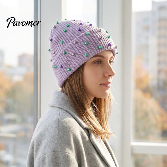 Soft Vertical Texture Hats Unisex Beanies with Colorful Beads, Winter Warm Knitted Hat, Casual Stylish Knit Skull Caps Stretch Cozy Cap for