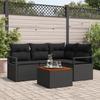 5-piece Garden Sofa Set with Cushions Black Poly Rattan Acacia, 2-seater Garden Sofa with Cushions Black 3347702
