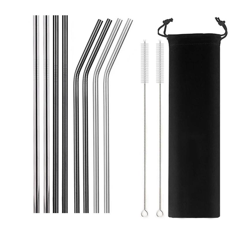 8 Pcs Metal Reusable 304 Stainless Steel Straws Straight Bent Drinking Straw with Bag Cleaning Brush Set Party Bar Accessory
