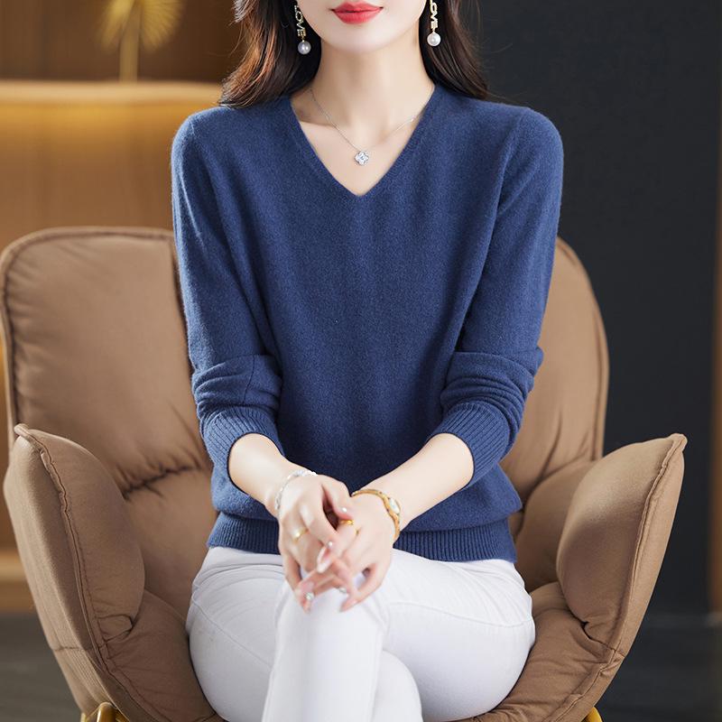 Women's Pure Wool V-Neck Pullover Sweater - Autumn/Winter Loose Casual Knit