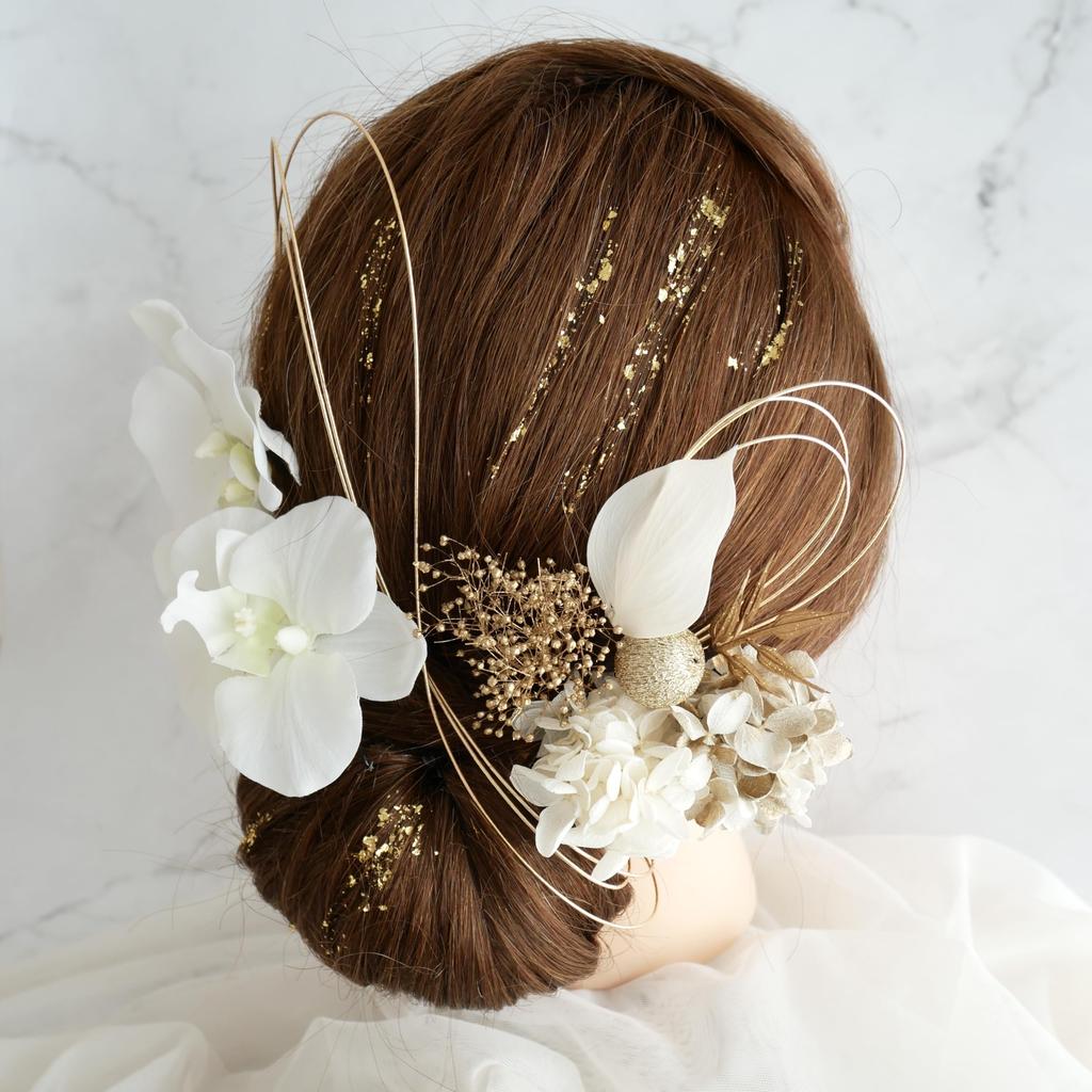 Ornament Specialty Shop Hair Ornament for and Japanese Dried Flowers with Gold Leaf and White Phalaenopsis [Hair Bria] Coming-of-Age Ceremonies,