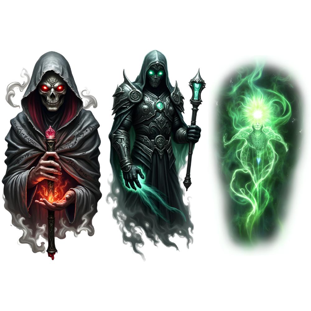 3 шт. Временные татуировки Водонепроницаемые Долговечные Наклейки на тело Скелет Волшебник Темный Маг Маг в капюшоне Для рук Взрослых Бедер