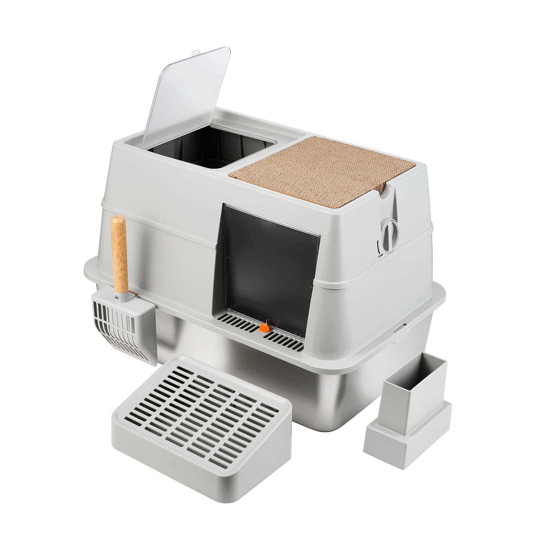 

Fully Enclosed Large Stainless Steel Cat Litter Box with Front Entry & Top Exit, Anti-Splash Design. 60x40x40.5cm