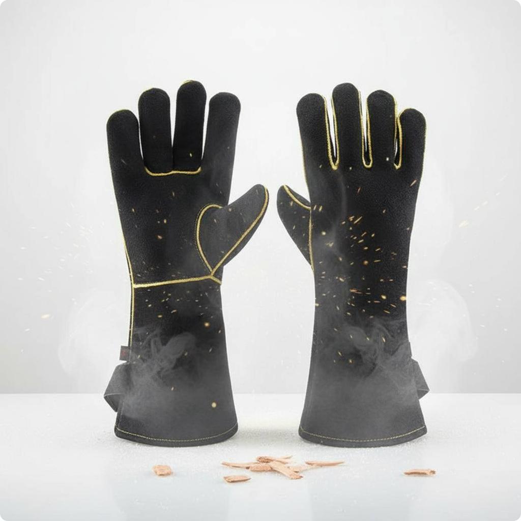 Long Leather High-Temperature Gloves High Temperature Fireproof Leather Gloves for Welders, Barbecue