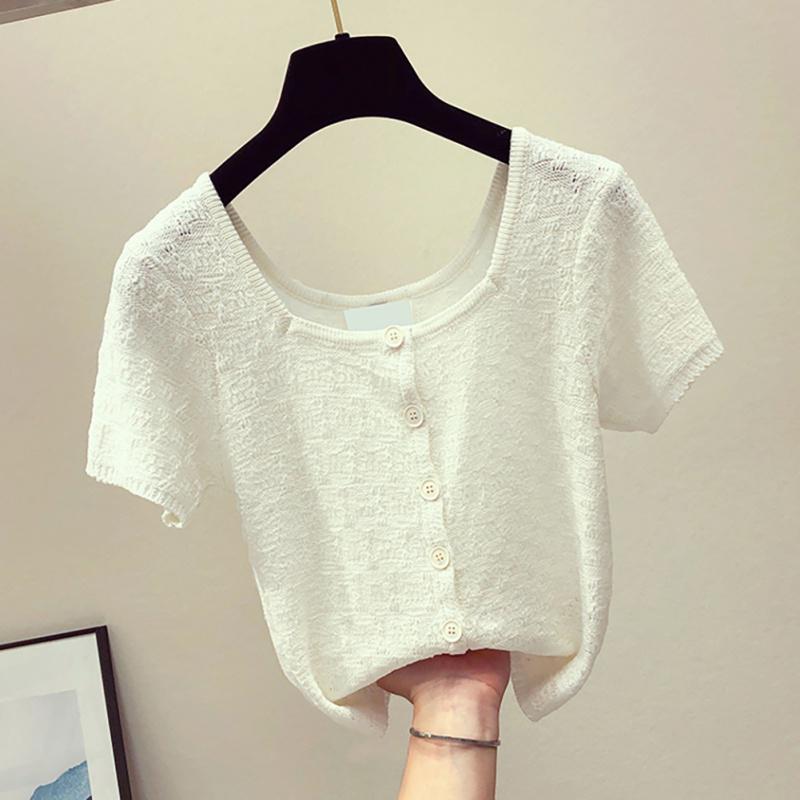Women's Casual Square Collar Solid Short Sleeve Buttons Knitted Hollow Out T-Shirt
