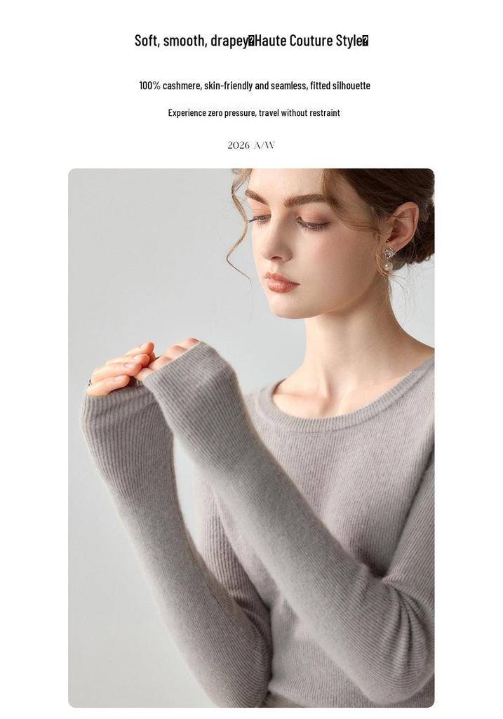 Women's 100% Pure Cashmere Round Neck Minimalist Sweater - Soft, Skin-Friendly, Slim-Fit Pullover Knitwear.