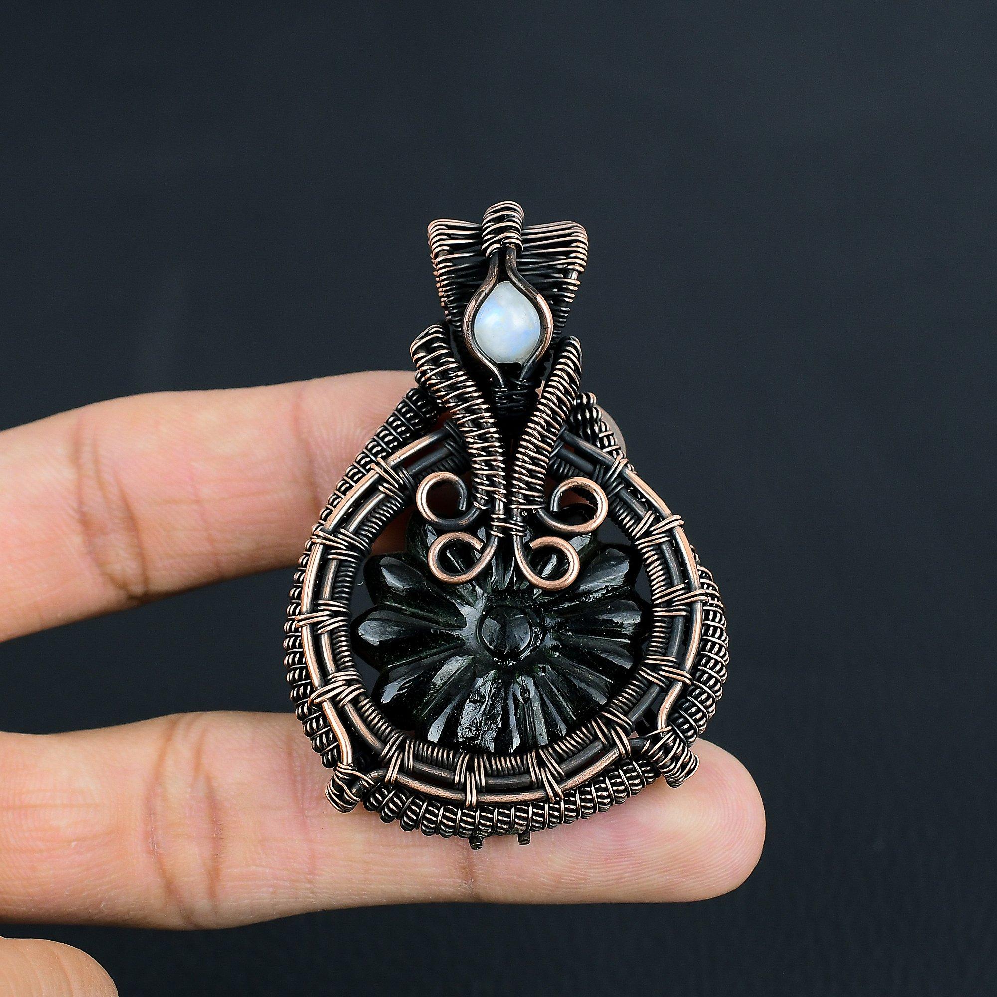 

Black Onyx & Moonstone Jewelry, 999 Copper Wire Wrapped Pendant Handmade Gemstone Jewelry, Gifts For Wife Brand New Pendant 2.55 Inches