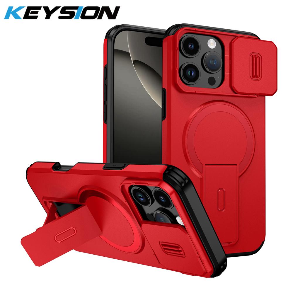 KEYSION Shockproof Magnetic Case for iPhone 16 Pro 16 Pro Max Slide Camera Protect Kickstand Wireless Charging Phone Back Cover