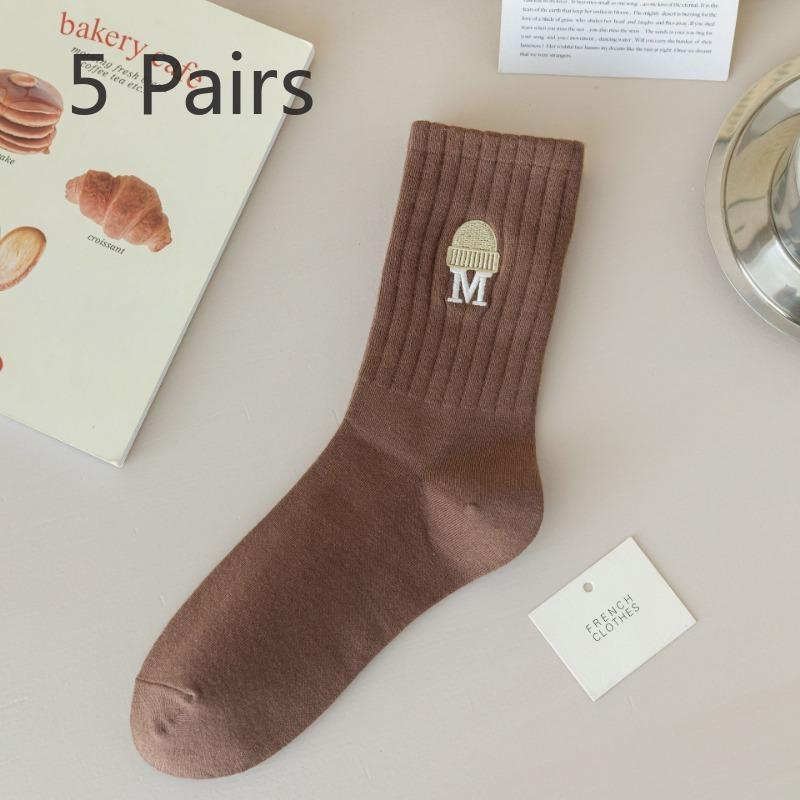5 Pairs of Female Autumn and Winter Cotton All Match Solid Color Tube Socks