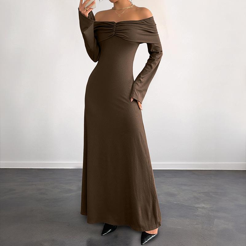 Women s Sexy Off Shoulder Ruched Bodycon Maxi Dress Long Sleeve Elegant Flared Evening Cocktail Party Dresses S