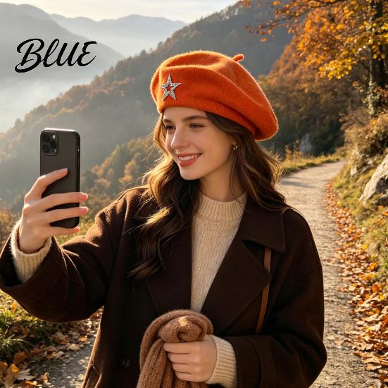 Ladies Winter Hat Women Knitted Beret for Fall Winter French Style Artist Vintage Inspired Cap with Rhinestone Star Stretchy Solid Color Knitting