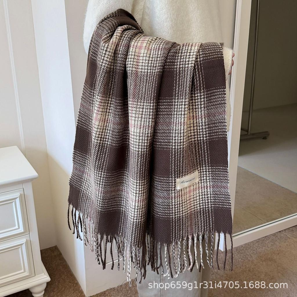 New Imitation Cashmere Plaid Scarf Women's Autumn and Winter High-end Sense Fashion Temperament Warm Fringed Shawl