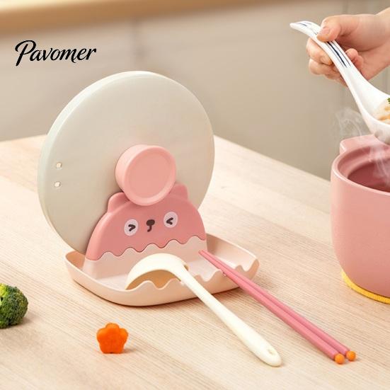 Cute Bear Pot Cover Stand Lid Holder And Spatula Rest, Cartoon Shape, Non-Slip Stable Utensil Rest for Spoons Plastic Organizer with Drain Groove