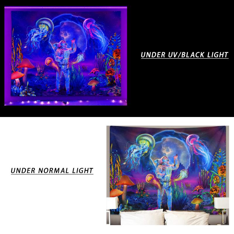 1pc Astronaut UV Reaction Tapestry, Spacecraft Jellyfish Mushroom Fantasy Tapestry
