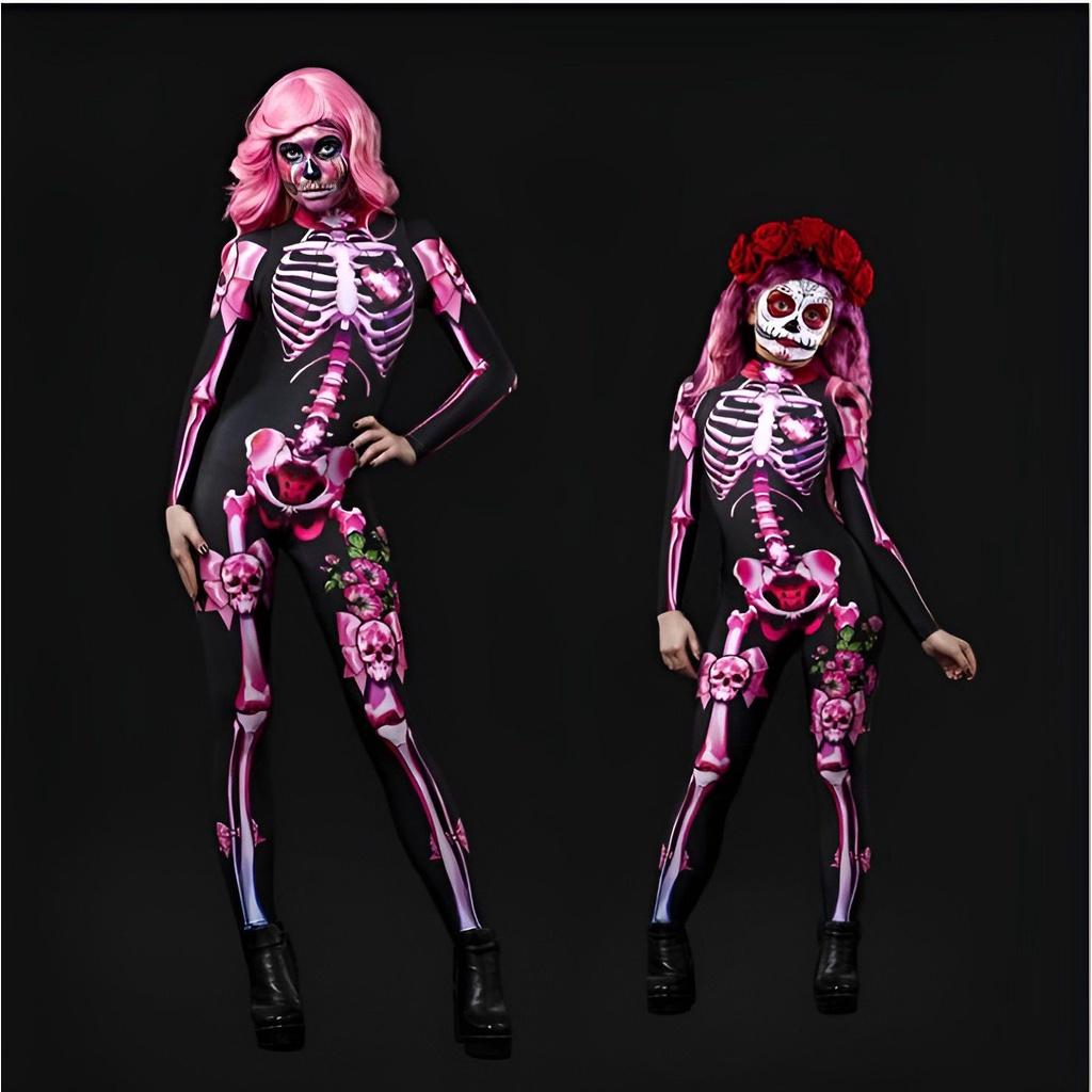 Kids Womens Halloween Costume Skeleton Cosplay Bodysuit Skinny Catsuit Jumpsuit