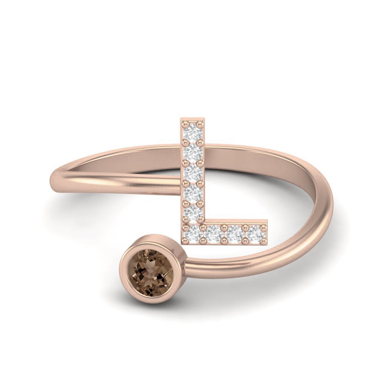 Capital L Initial Letter 3MM Round Smoky Quartz 925 Sterling Silver Rose Vermeil Women Adjustable Wedding Ring 12