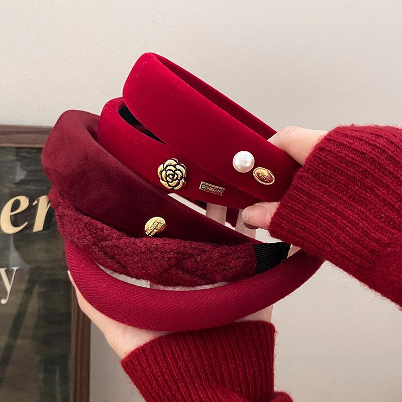 Fashion Flocking Sponge Oval Headband Chinese New Year Red High Cranial Top Pressure Hair Headband Vintage Premium Hair Accessories
