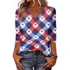 Women's Fashionable Casual Independence Day American Flag and Stars Print V-Neck Three-Quarter Sleeve T-Shirt Top