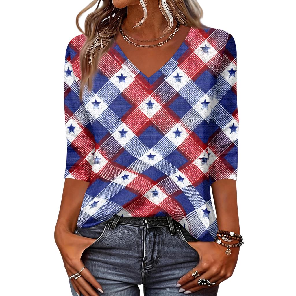 Women's Fashionable Casual Independence Day American Flag and Stars Print V-Neck Three-Quarter Sleeve T-Shirt Top