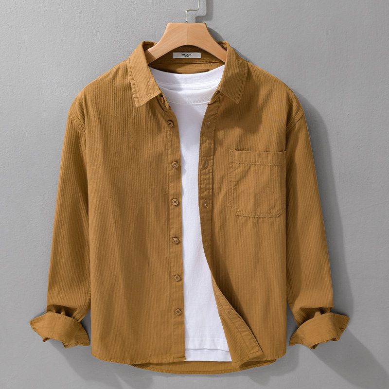 Spring and Autumn Japanese-Style Retro Dark Striped Long Sleeves Shirt Men's Simplicity Pure Cotton Loose Casual Shirt Trendy Easiest for Match