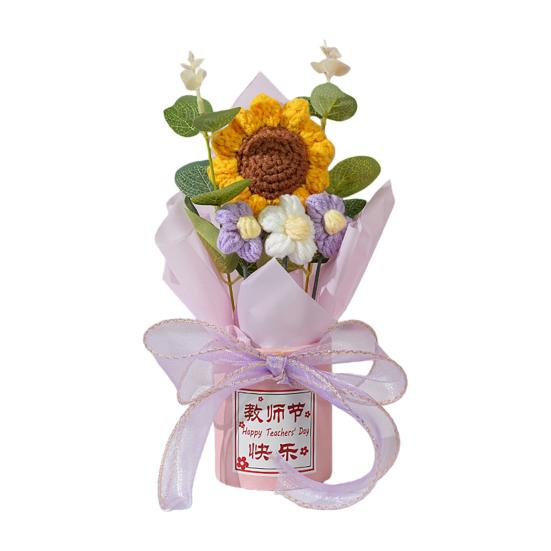 

Teachers Day Crochet Sunflower Bouquet with Eucalyptus Leaf Handmade Knitting Yarn Floral Decoration Home Office Table Centerpiece Teacher Gift фіолетовий