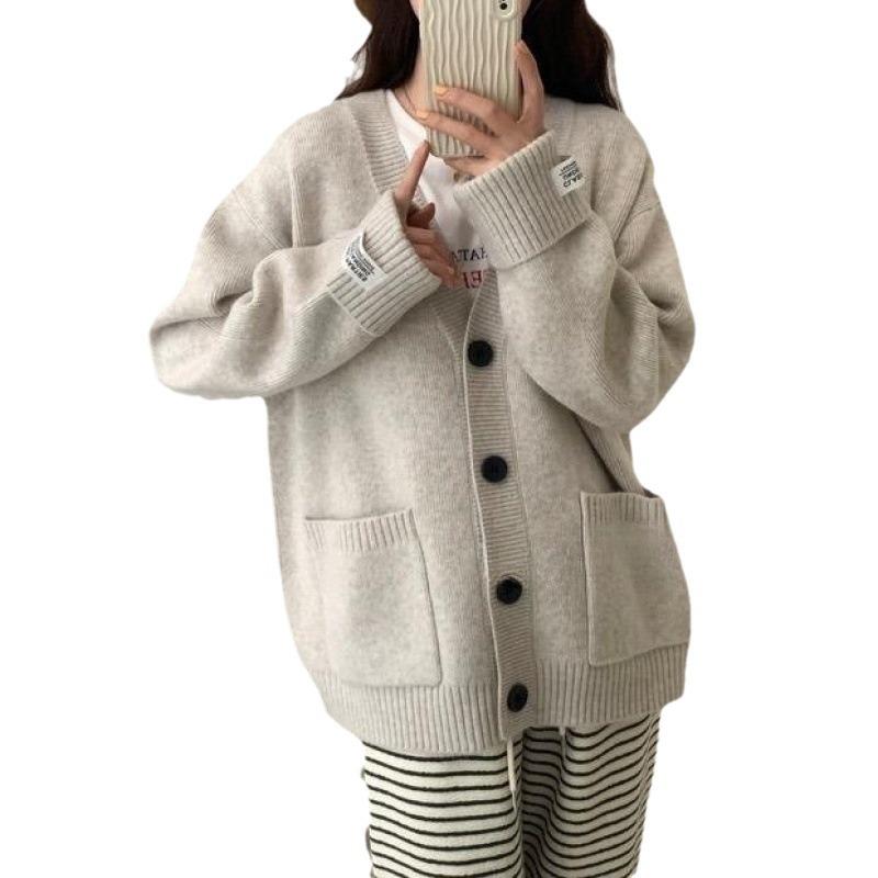 Ny retro strikket cardigan for høst og vinter i koreansk stil, løs og slankende med oppbrettede ermer, myk og myk genserjakke for kvinner