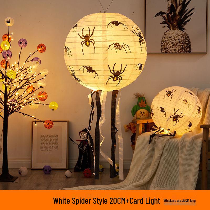 Halloween Foldable Round Paper Lantern with Pumpkin & Ghost Design for Bar and Mall Decor