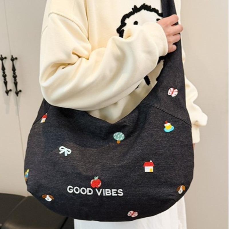 New embroidered denim messenger bag casual versatile shoulder bag women's large-capacity work commuter tote bag