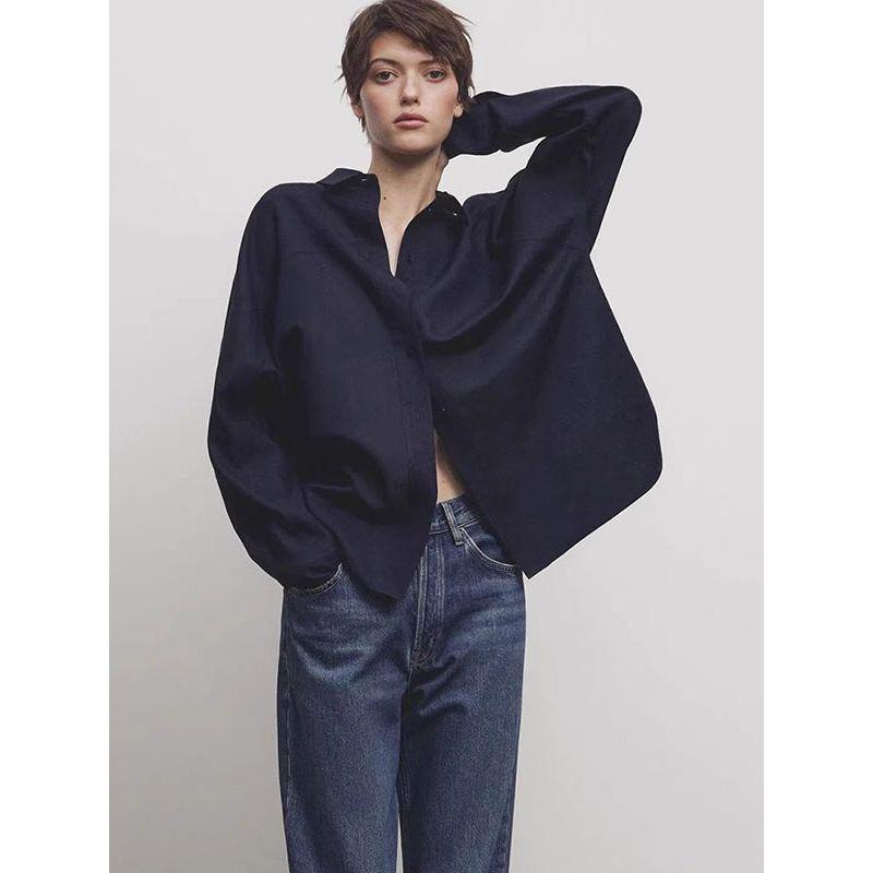 MD Women's Clothing French Style Temperament Commute Leisure Style Elegance Tops Lapel Long Linen Sleeves Shirt 05153948400