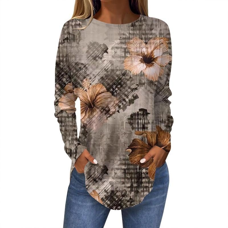 Damen T-Shirt mit 3D-Blattdruck, modisch, langärmlig, Rundhalsausschnitt, normale Oberteile, Feiertagswochenende, Frühling und Herbst