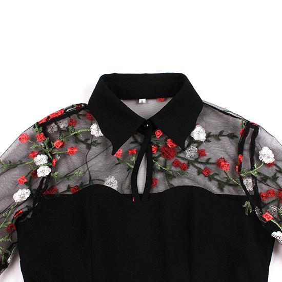 Spring and Autumn Fashion Women's Medium Long Skirt Mesh Embroidery Horn Sleeve Splicing High Waist Long Sleeve Big Swing Skirt Retro Dress