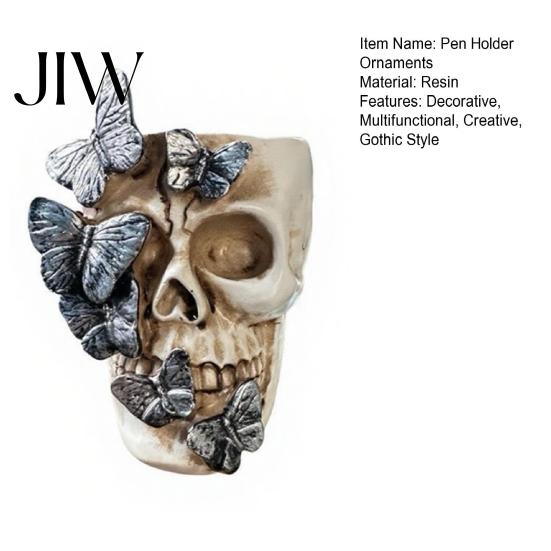 Unique Skull Ornament Black Butterfly Vase, Resin Skeleton Pen Holder, Gothic Flower Dark Aesthetic Stationery Arrangement Container, Creative Desktop