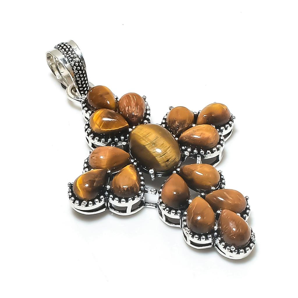 Natural Tiger Eye Gemstone Silver Cross Pendant In 925 Sterling Silver - Handmade Pear Design, Everyday Wear Jewelry Party Wear Gift