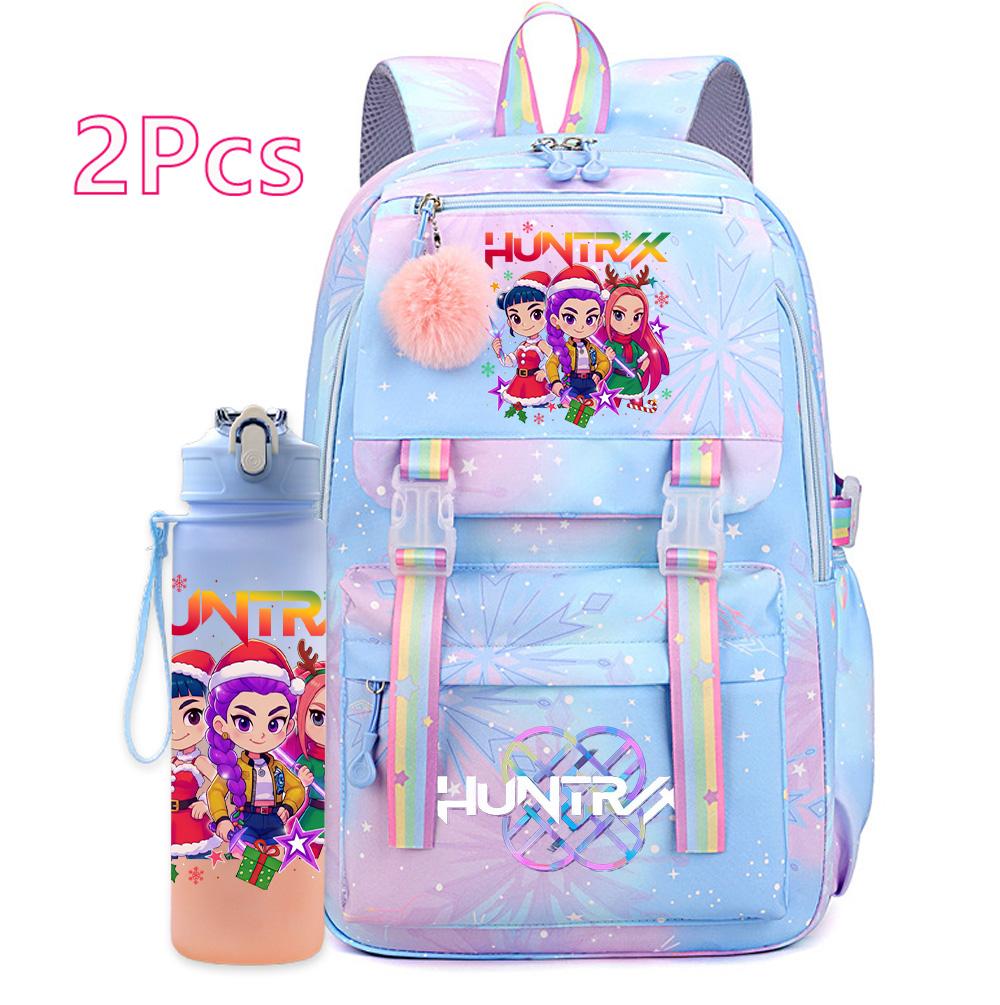 2Pcs/set Christmas K-pop Printed Backpack with 750Ml Water Bottler Large Capacity Travel Bag for Teenager Girl Boy Bookbag Kid Gift Large Capacity Bag