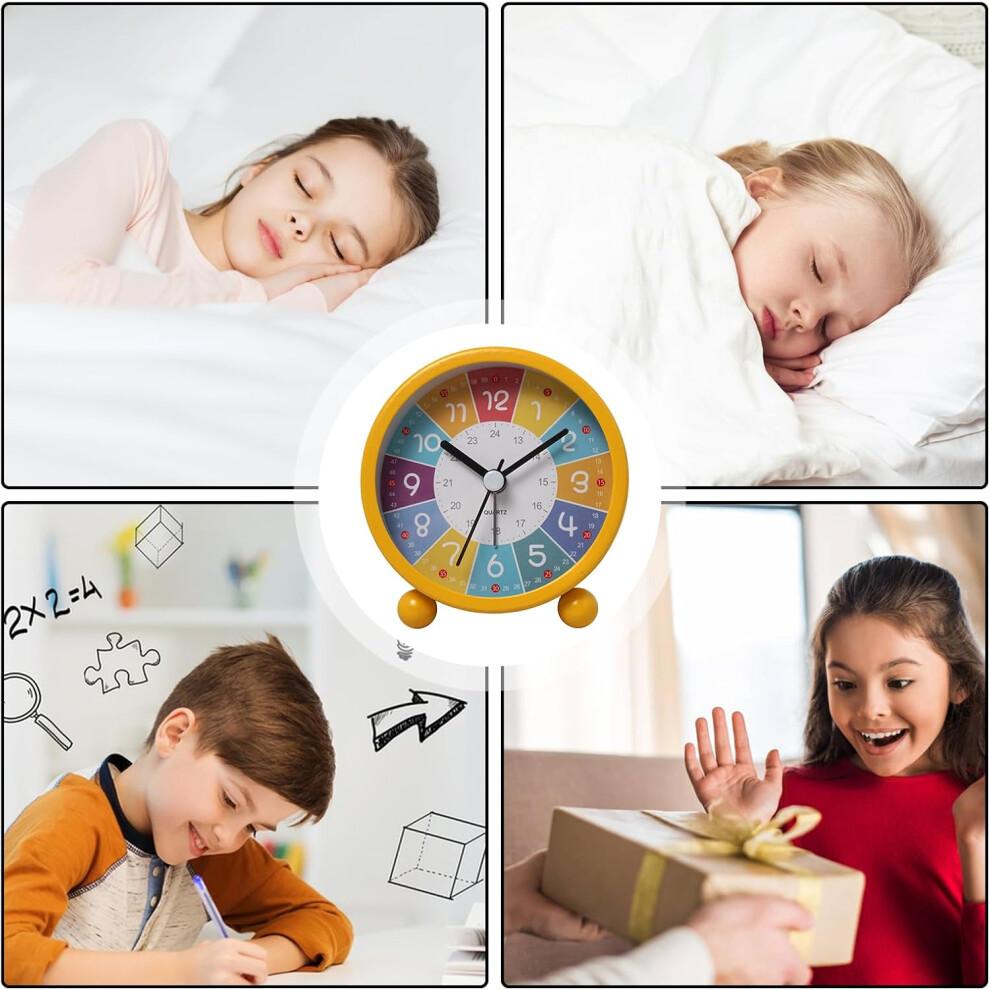 Learning Clock for Kids, Small Yellow Metal Analog Alarm Clock for Children's Time Learning, Suitable for Boys and Girls