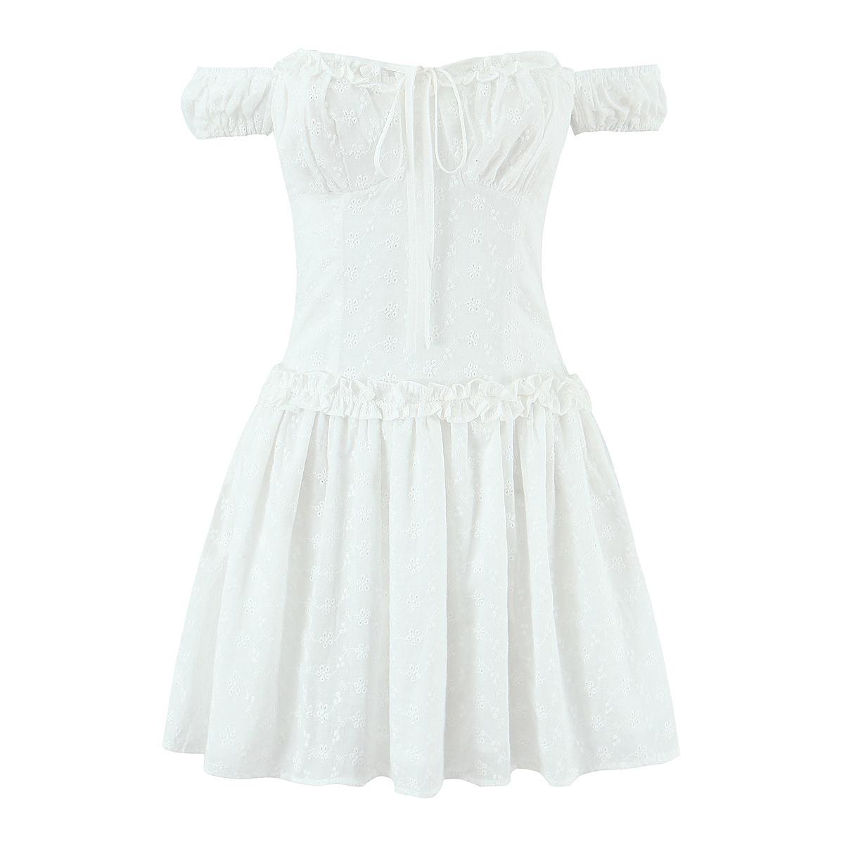 2026 Chic French Off-Shoulder Embroidered Puff Sleeve Mini Dress L