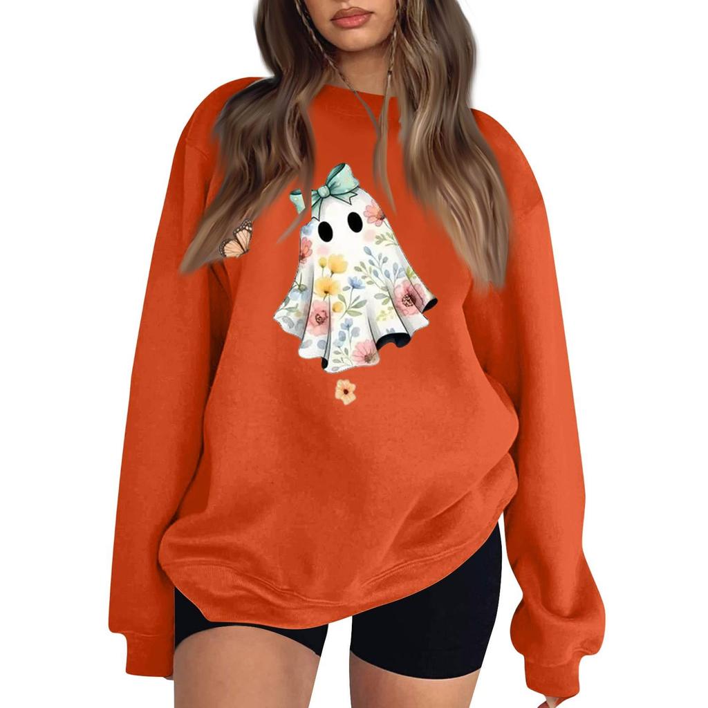 Women's Long Sleeve Neck Sweatshirt Loose Fit Casual Pullover Top, Color and Halloween Small Print