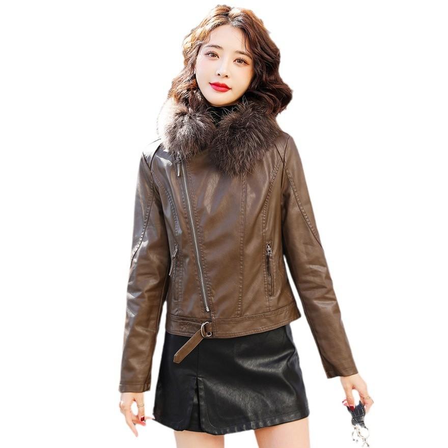 Leather jacket women's short coat spring and autumn new velvet thickened slim fit small leather jacket top