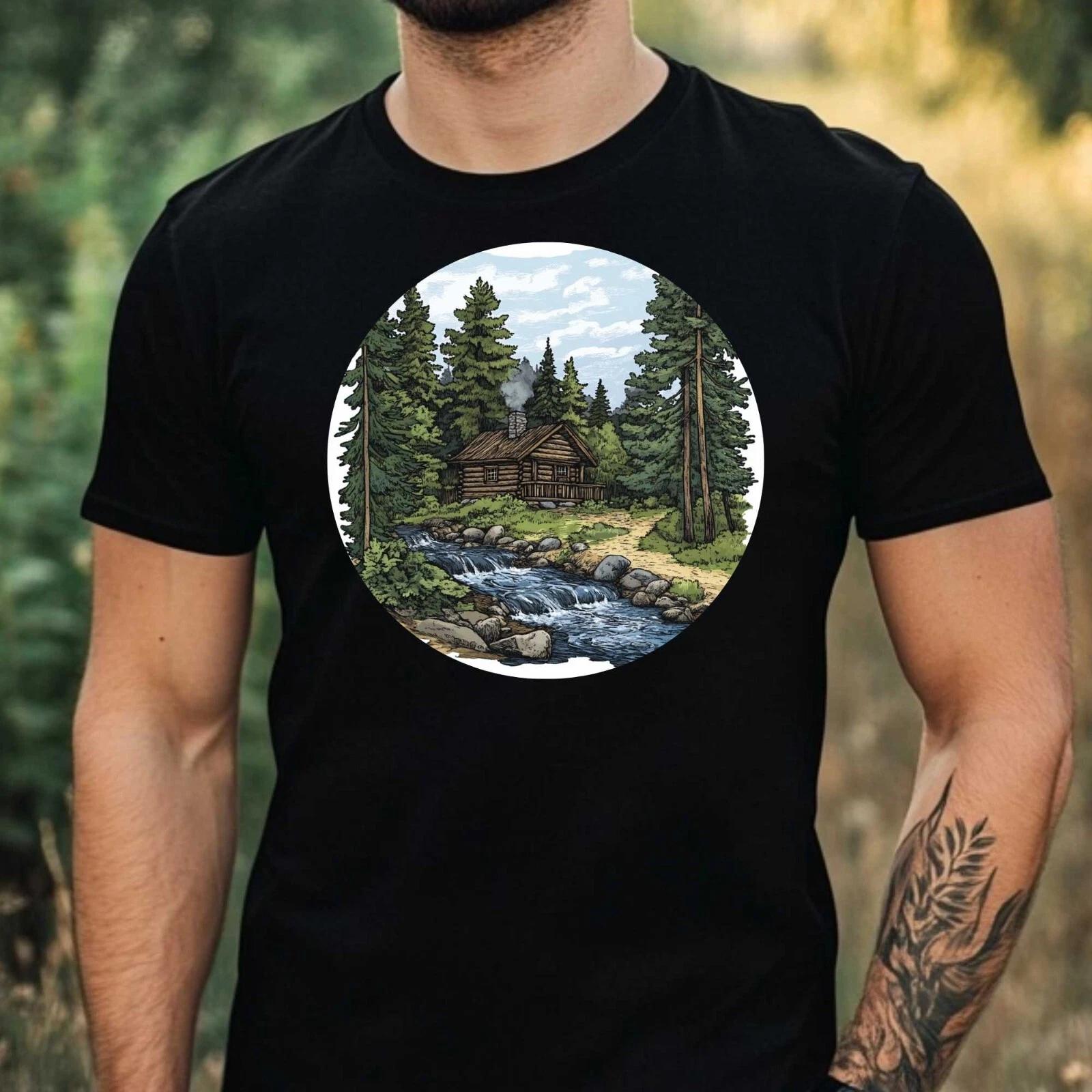 T-Shirt Herren Wald Hütte Motiv Baumwolle Größe XS bis 5XL XXXXL