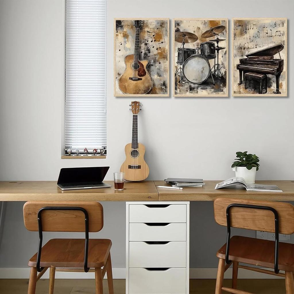 lyrae 3pcs Vintage Musical truments Wall Art Piano Guitar Drum Set Posters Artwork Music Theme Painting Pictures Wall Decor for Studio Gallery Home
