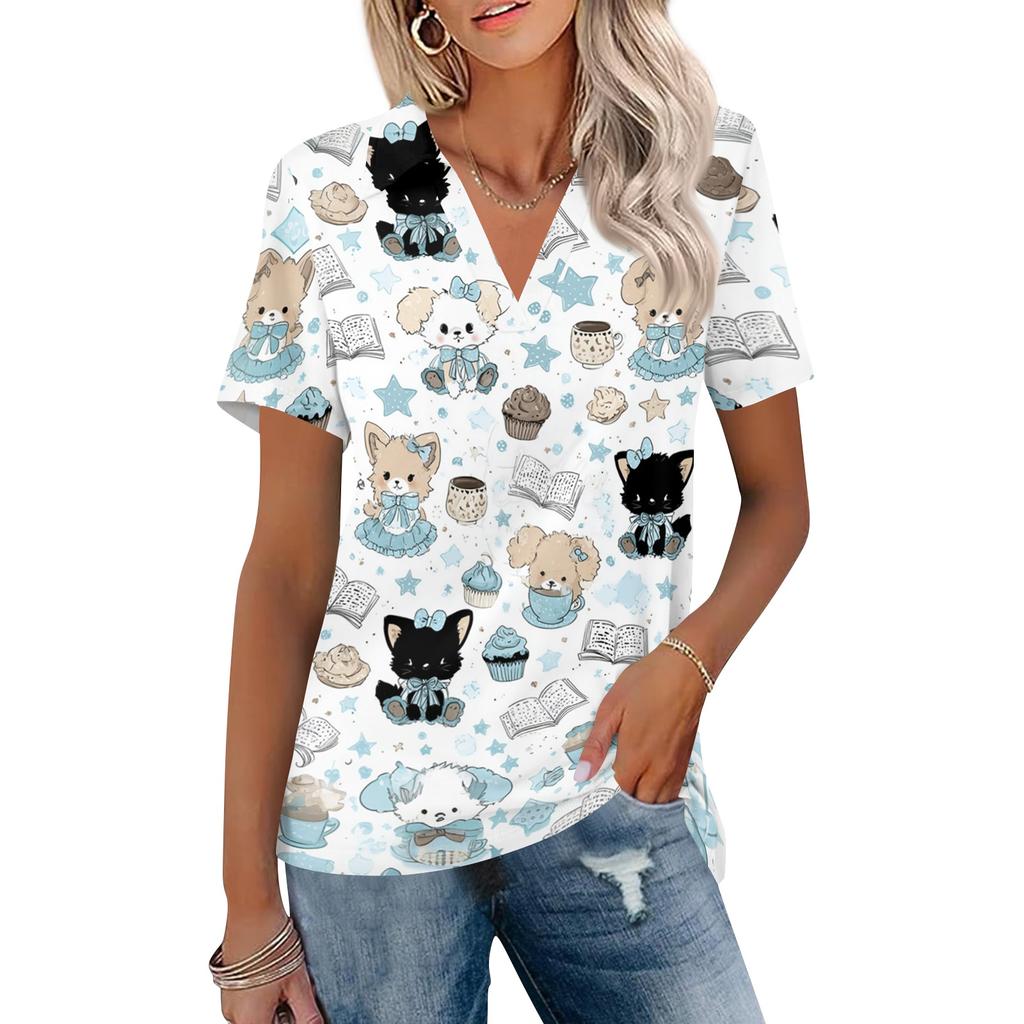Women's Casual V Neck Short Sleeve T Shirt with Print Top