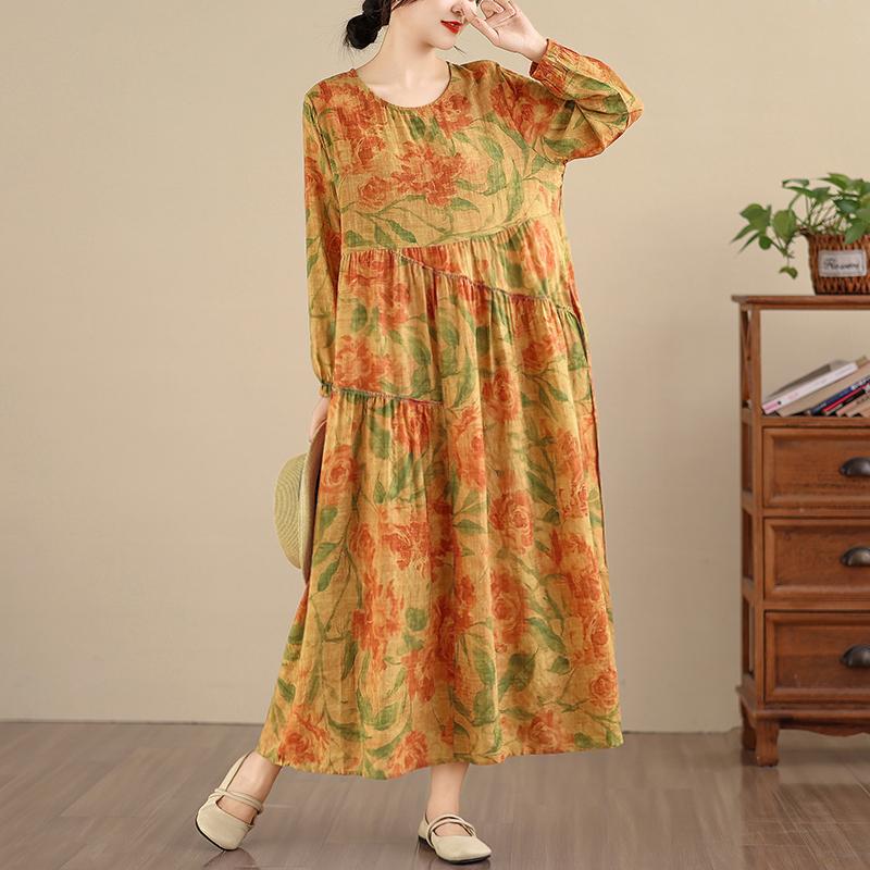 DIMANAF Yeni 2025 Kadın Büyük Beden İlkbahar Uzun Elbise Bol Temel Vintage Oversize Uzun Kollu Maksi Çiçekli